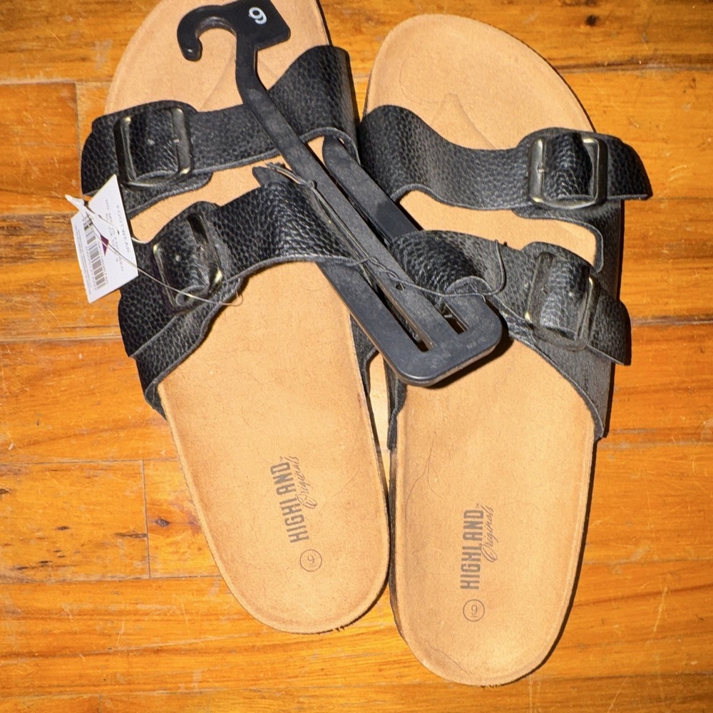 High and Mighty Black Faux Leather Buckle Slide Sandals Adjustable Strap 9